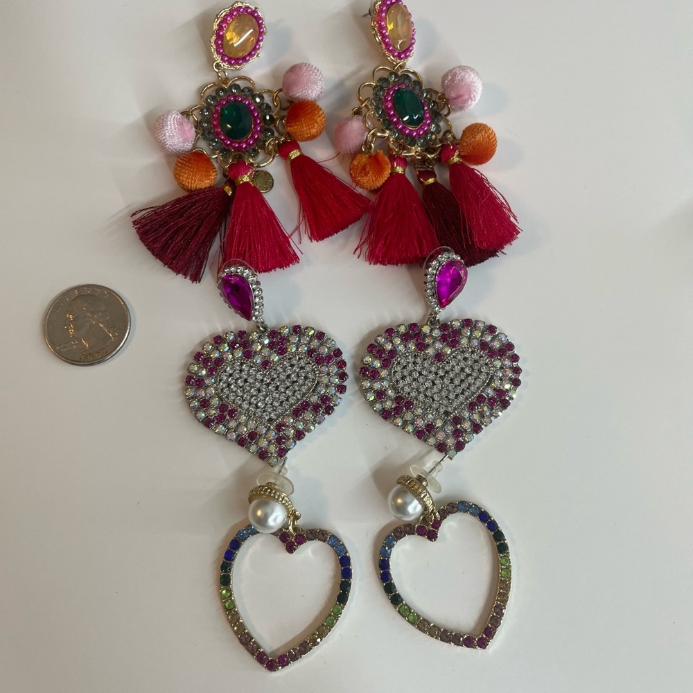 Pink and Red Floral Heart Earrings with Tassels